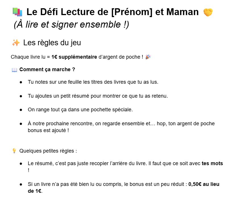 extrait du contrat de lecture pour enfant