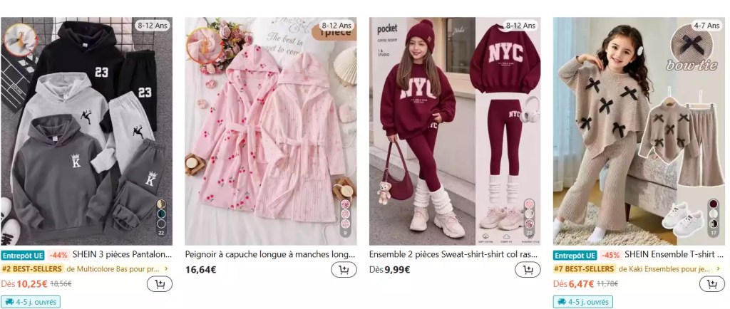 capture d'écran shein qui montre les darkpattern des fausses réductions et des "best sellers" 
